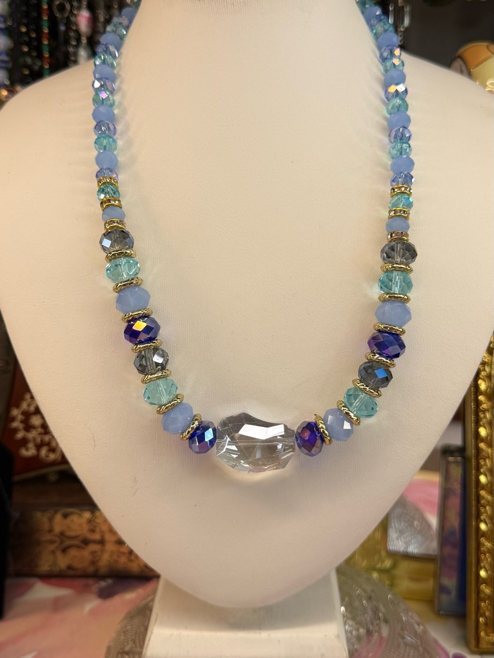 Stunning Artisan Beaded Blue & Aqua Crystal Statement Necklace